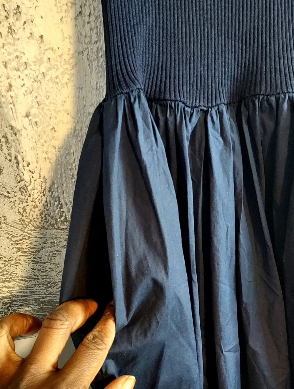 STAUD Ysabel Navy Blue Short-Sleeve Knit Bodice Long Dress With Pockets Sz-L - Picture 5 of 13
